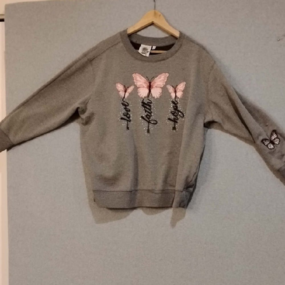 Gray Butterfly Sweatshirt with Pink Accents